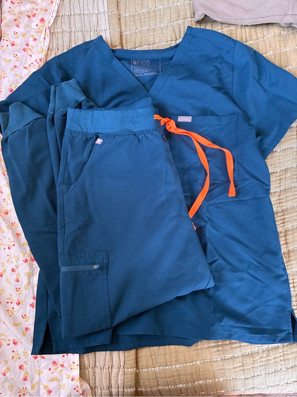 Figs Teal Scrub Top and Jogger Pants with Orange Drawstring